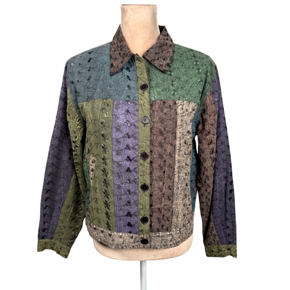 Vtg‎ Sacred Threads Womens Jacket Sz S/M Cotton Multicolor Patchwork Embroidered